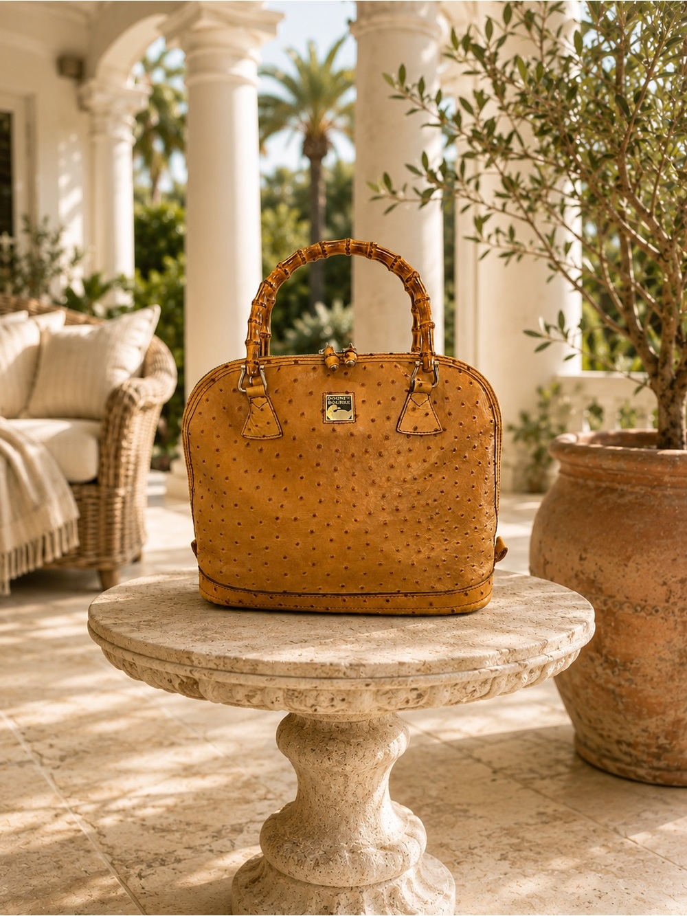 Vintage Dooney & Bourke Ostrich Embossed Bamboo Handle Satchel | Honey Tan